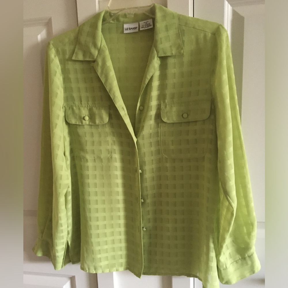 Liz Baker Woman's Sz 14 Gingham Sheer Lime Green Button Down Long Sleeve Blouse